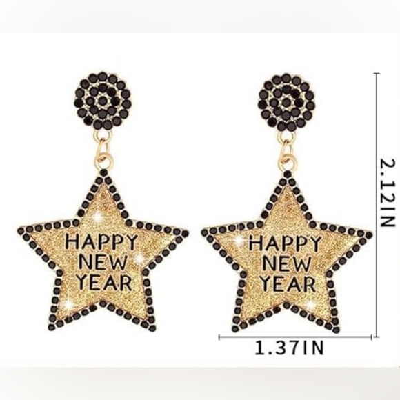 Gold & Black Rhinestone Happy New Year Star Earrings | NYE Party Jewelry - Picture 2 of 4